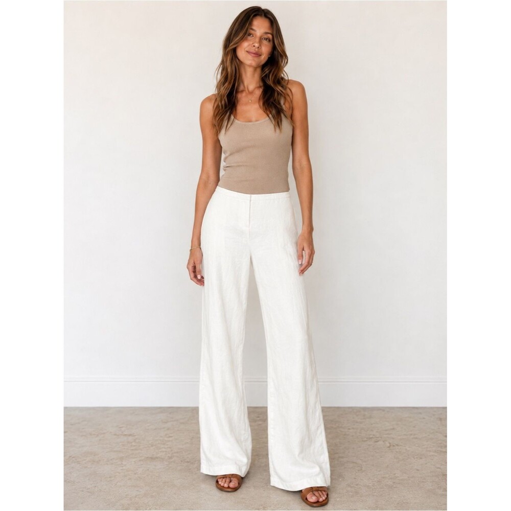 Eileen Fisher Linen Blend Wide Leg Pants Ivory White Size 12 Quiet Luxury Resort